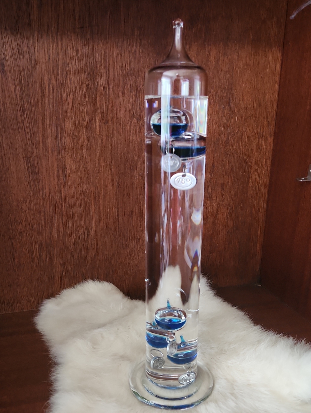 Tall Glass Galileo Thermometer with Blue Floating Bulbs